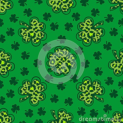 St. Patrick's Day seamless pattern, Shamrock and leopard print. Shamrock seamless pattern, Green clover repeating Vector Illustration