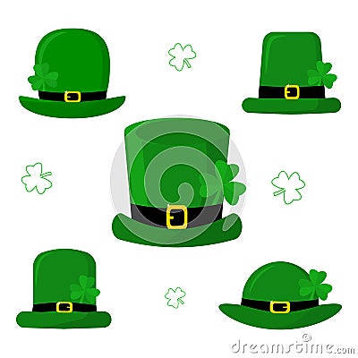 St.Patrick s Day. Set of five different green caps leprechaun with clover. Cartoon style, flat design. Vector Vector Illustration