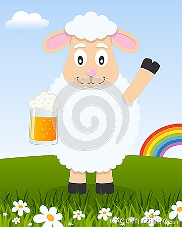 St. Patrick`s Day with Sheep Holding a Beer Vector Illustration