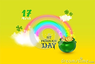 St. Patrick s Day symbol green pot. Template for text with fern leaves for St. Patrick`s Day. Holiday. Place for text. Poster. Vector Illustration