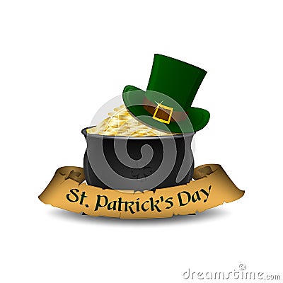 St. Patrick`s Day symbols - leprechaun hat and pot of gold. Vector illustration. Vector Illustration