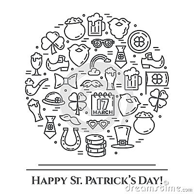 St. Patrick`s Day theme black and white banner. Pictograms of shamrock, leprechaun hat, gold and other holiday related Vector Illustration