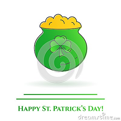 St. Patrick`s Day theme colorful line banner. Cauldron with gold and shamrock leaf. Holiday related pictograms. Lineout. Simple s Vector Illustration