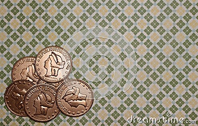 St. Patrick`s Day Themed Background with Gold Coin Top Border on Patterned Green Backdrop Stock Photo