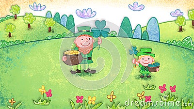 St Patrickâ€™s Day three leaf clover gold coins oil pastel crayon doodle hand-drawn illustration Cartoon Illustration