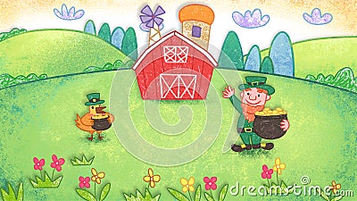 St Patrickâ€™s Day three leaf clover gold coins oil pastel crayon doodle hand-drawn illustration Cartoon Illustration