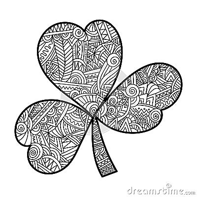 St Patrick`s Day Trefoil, Irish Holiday Symbols in anti-stress coloring page with ornate zen patterns Vector Illustration