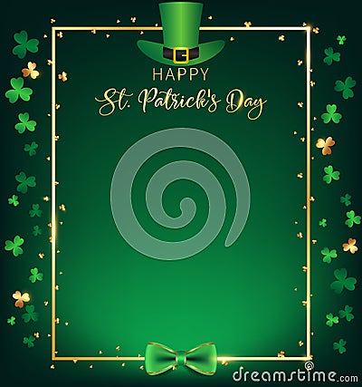 St. Patrick`s Day vertical frame contain green top hat over golden border Vector Illustration