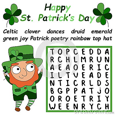 St Patrick`s Day word search puzzle for children stock vector illustration Vector Illustration