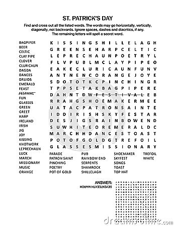 St. Patrick`s Day word search puzzle Vector Illustration