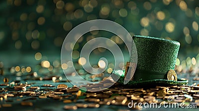 St. Patrick's day banner with green hat, gold coins and glitter Stock Photo