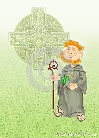 St Patrick with shamrock and celtic cross Stock Photo