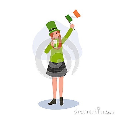 St. Patrick's Day Festive. Joyful Woman with Irish Flag Vector Illustration
