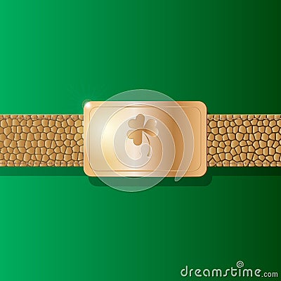 St. Patricks Day Background. Leather Belt with Gold Plate and Clover Symbol on Green Background Stock Photo