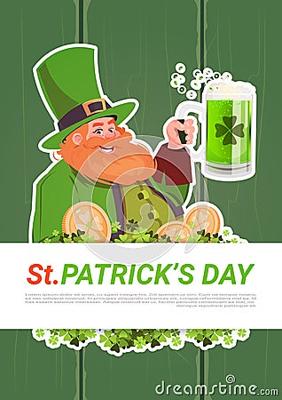 St. Patricks Day Card With Leprechaun Drinking Beer On Green Wooden Background Vector Illustration