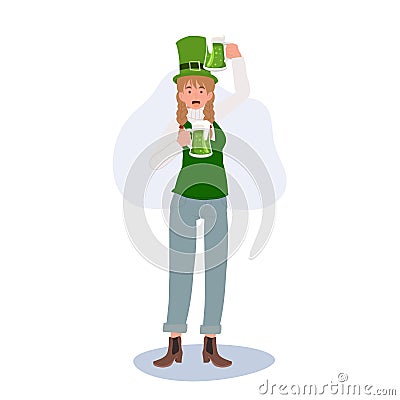 St Patricks Day Celebration with Woman Enjoying Green Beer. Festive Irish Holiday Vector Illustration
