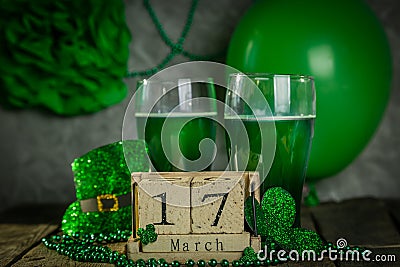 St. Patricks day concept - green beer and symbols Stock Photo
