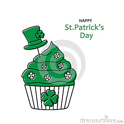 St Patricks Day cupcake with irish leprechaun hat, happy saint patrick day greeting card, black outline and green color Vector Illustration