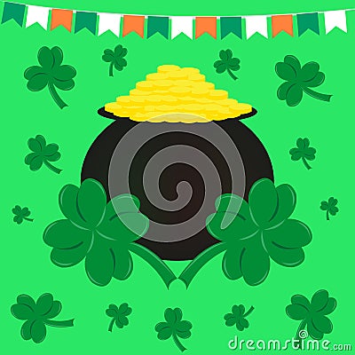 St. patricks day, flags pot of gold and clover Stock Photo