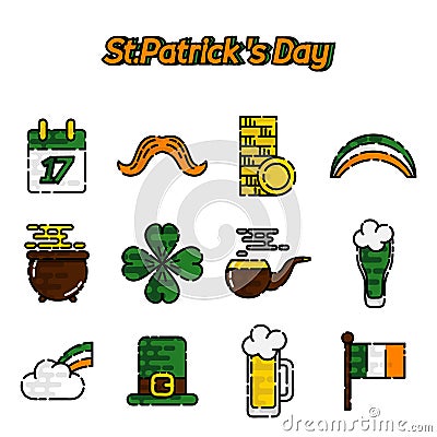 St.Patricks Day flat icons set Vector Illustration