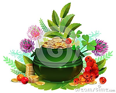 St patricks day full pot gold coin clover flower leaf Vector Illustration