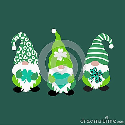 St Patricks day green fun leprechaun gnomes shamrock and leopard green hats. St patricks day Irish gnomes cartoon style Vector Illustration