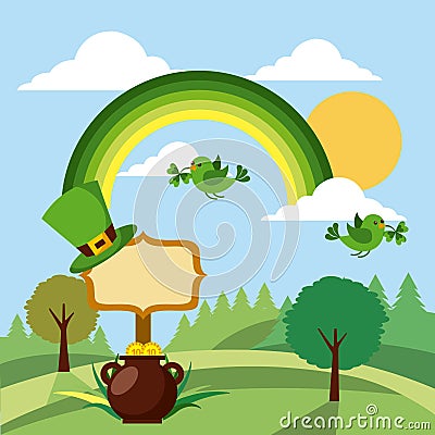 St patricks day green rainbow birds clover cauldron landscape Vector Illustration