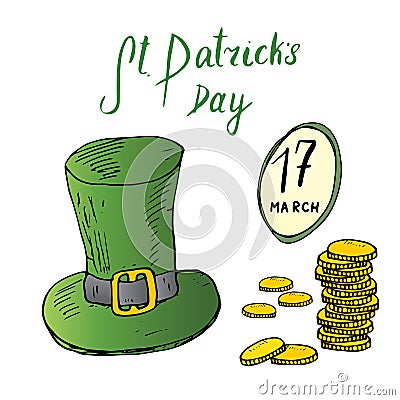 St Patricks Day hand drawn doodle set, with Irish traditional green leprechaun hat and a stack of gold coins, vector illustration Vector Illustration