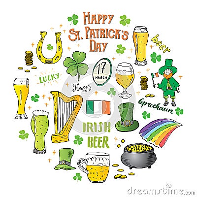 St Patricks Day hand drawn doodle set, with leprechaun, pot of gold coins, rainbow, beer, four leaf clover, horseshoe, celtic harp Vector Illustration