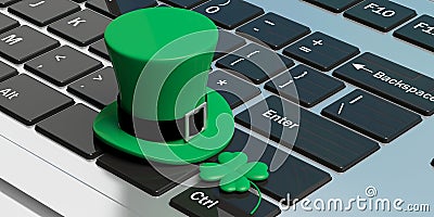 St Patricks Day hat with four leaf clover on computer keyboard. 3d illustration Cartoon Illustration