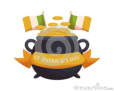 St.Patricks Day holiday design with leprechaun pot ang gold coins, irish flags and ribbon Vector Illustration