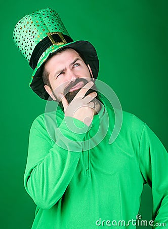 St patricks day holiday known for parades shamrocks and all things Irish. Man bearded hipster wear hat. Saint patricks Stock Photo