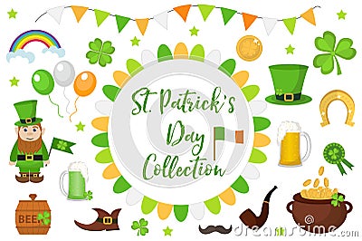 St. Patricks Day icon set design element. Traditional irish symbols in modern flat style. Isolated on white background Vector Illustration