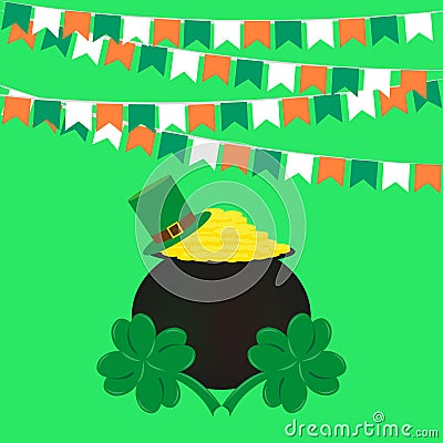 St. patricks day, flags pot of gold and clover Stock Photo