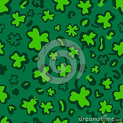 St. Patricks Day Leopard or jaguar seamless pattern made of shamrock or clover leaves. Spotted cheetah skin. Trendy animal print. Vector Illustration