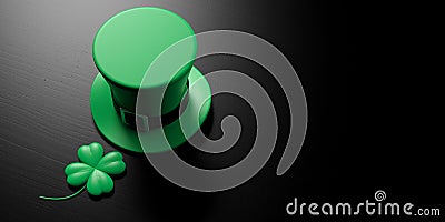 St Patricks Day leprechaun hat and four leaf clover isolated on black background, banner, copy space. 3d illustration Cartoon Illustration