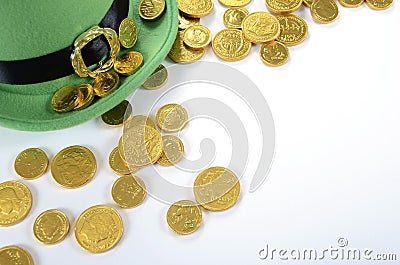 St Patricks Day leprechaun hat with gold chocolate coins Stock Photo