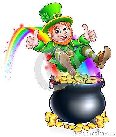 St Patricks Day Leprechaun Pot of Gold Rainbow Vector Illustration