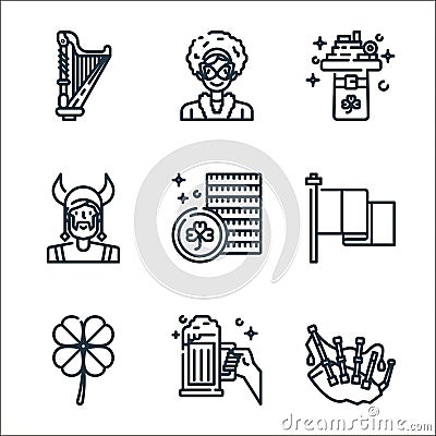 st patricks day line icons. linear set. quality vector line set such as bagpipe, beer, clover, ireland, coins, man, hat, woman Vector Illustration