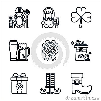 st patricks day line icons. linear set. quality vector line set such as boot, leprechaun shoe, gift, hat, medal, beer, shamrock, Vector Illustration