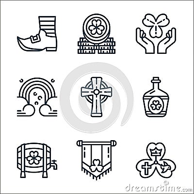 st patricks day line icons. linear set. quality vector line set such as shamrock, pint, barrel, whiskey, cross, rainbow, clover, Vector Illustration