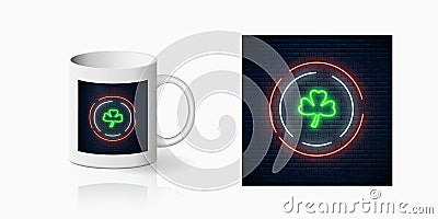 St Patricks Day neon glowing festive sign on ceramic mug mockup. Clover leaf sign on cup side. Green shamrock symbol Vector Illustration