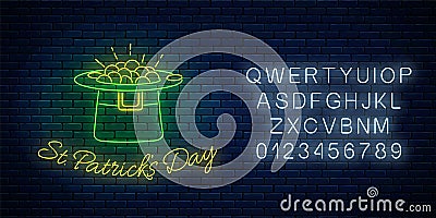 St. Patricks Day neon sign with leprechaun hat and gold with alphabet. Green hat with treasure as Ireland symbol Vector Illustration