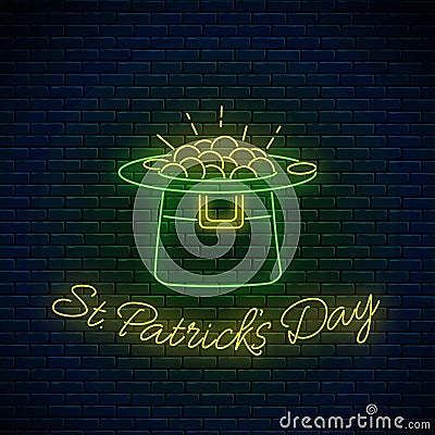 St. Patricks Day neon sign with leprechaun hat and gold. Green hat with treasure as Ireland national holiday symbol Vector Illustration