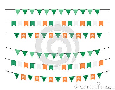 St Patricks Day party flags isolated. Vector set of traditional Saint Patricks holiday buntings and garlands. Festive Irish Vector Illustration