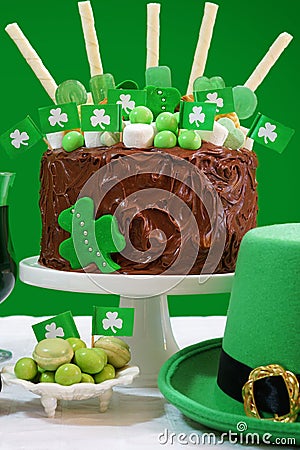 St Patricks Day Party Table with Chocolate Cake Stock Photo