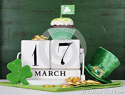 St Patricks Day save the date white vintage wood calendar Stock Photo