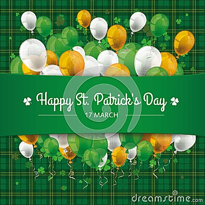 St Patricks Day Tartan Banner Balloons Cloverleafs Vector Illustration