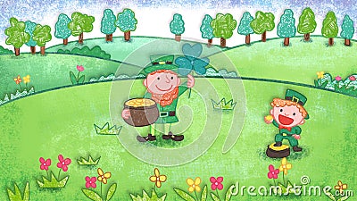 St Patricks Day three leaf clover oil pastel crayon doodle hand-drawn illustration Cartoon Illustration