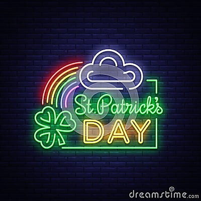 St Patricks Day Vector. Neon sign, logo, invitation symbol, greeting card, postcard. Design a neon style template for Vector Illustration